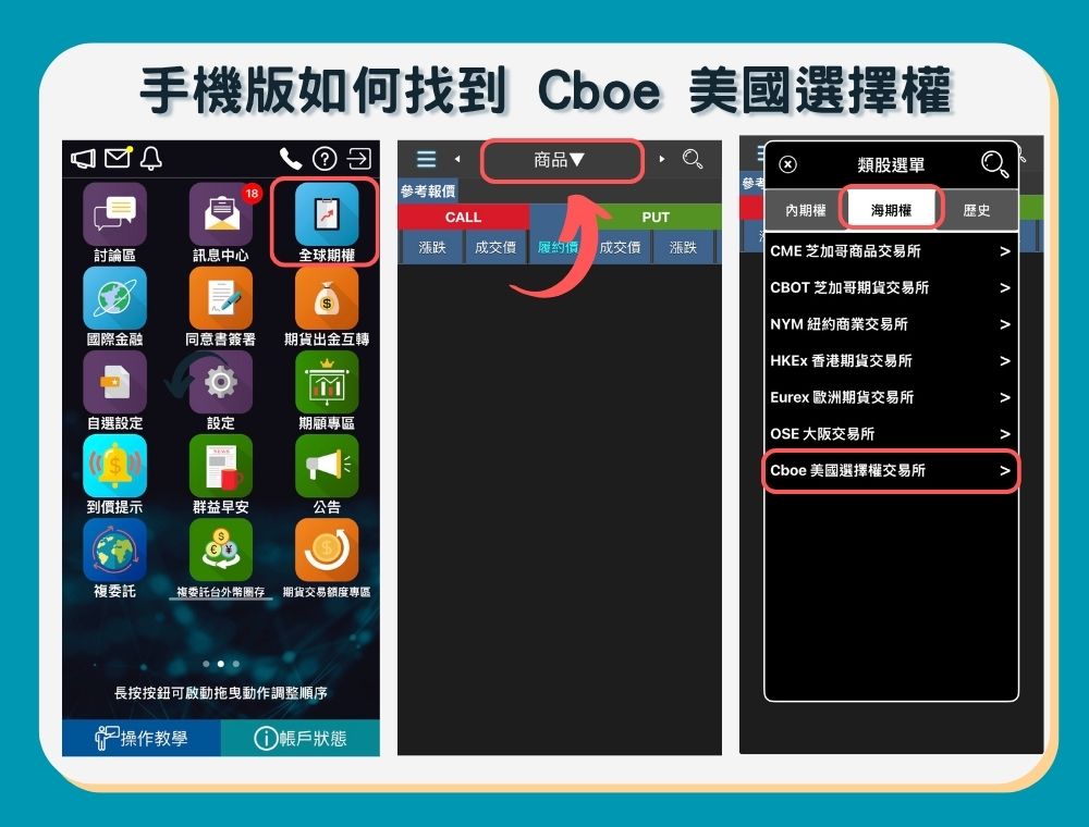 群益行動贏家查找Cboe選擇權操作步驟